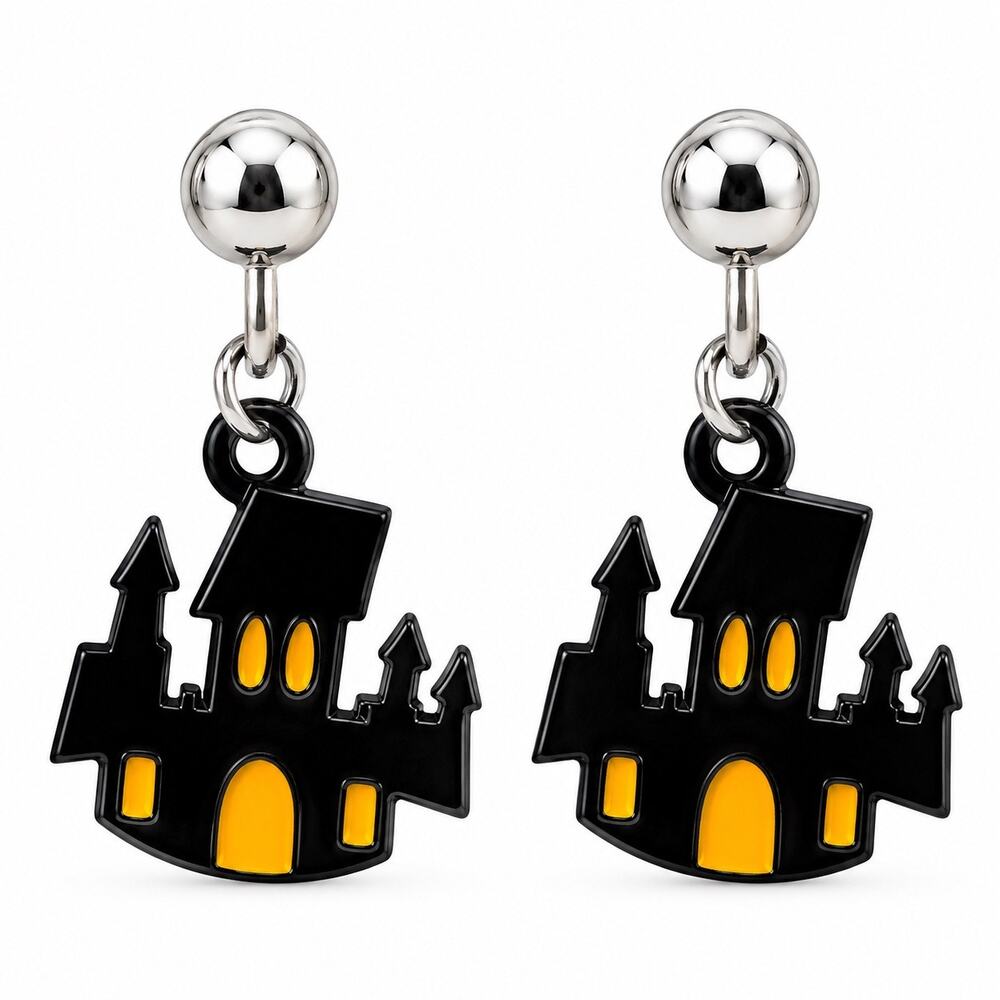 Halloween Black Haunted House Castle Dangle Earrings Orange NWOT